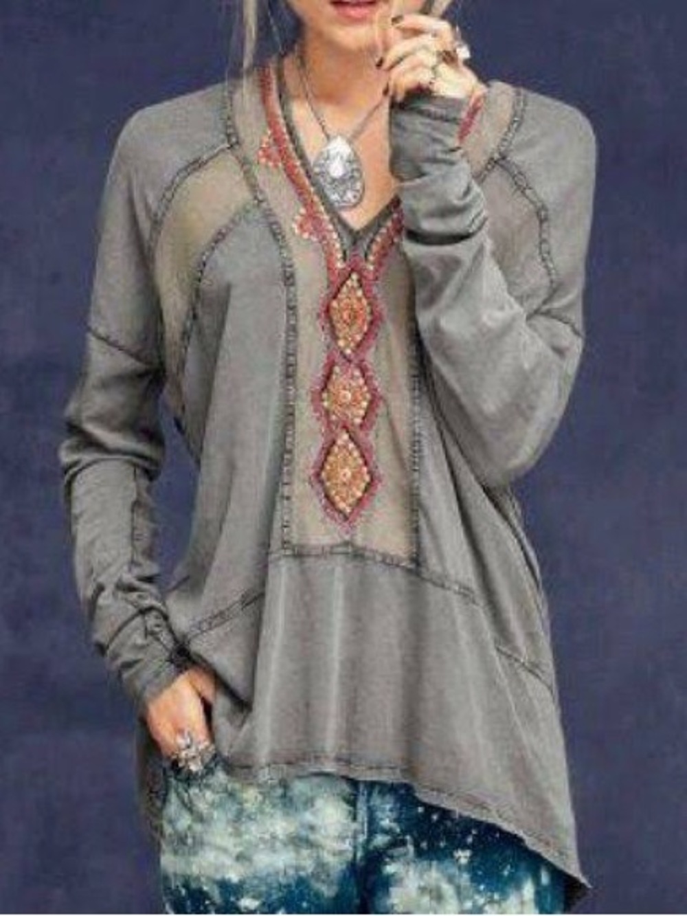 Free People Fortune Teller Tunic Long Sleeve Embellished V Neck Vintage Grey M